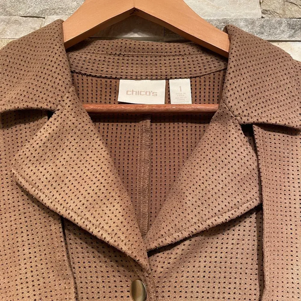 Chico’s 1 M Faux Suede Perforated Jacket | Mocha Chocolate Brown, Utility Moto